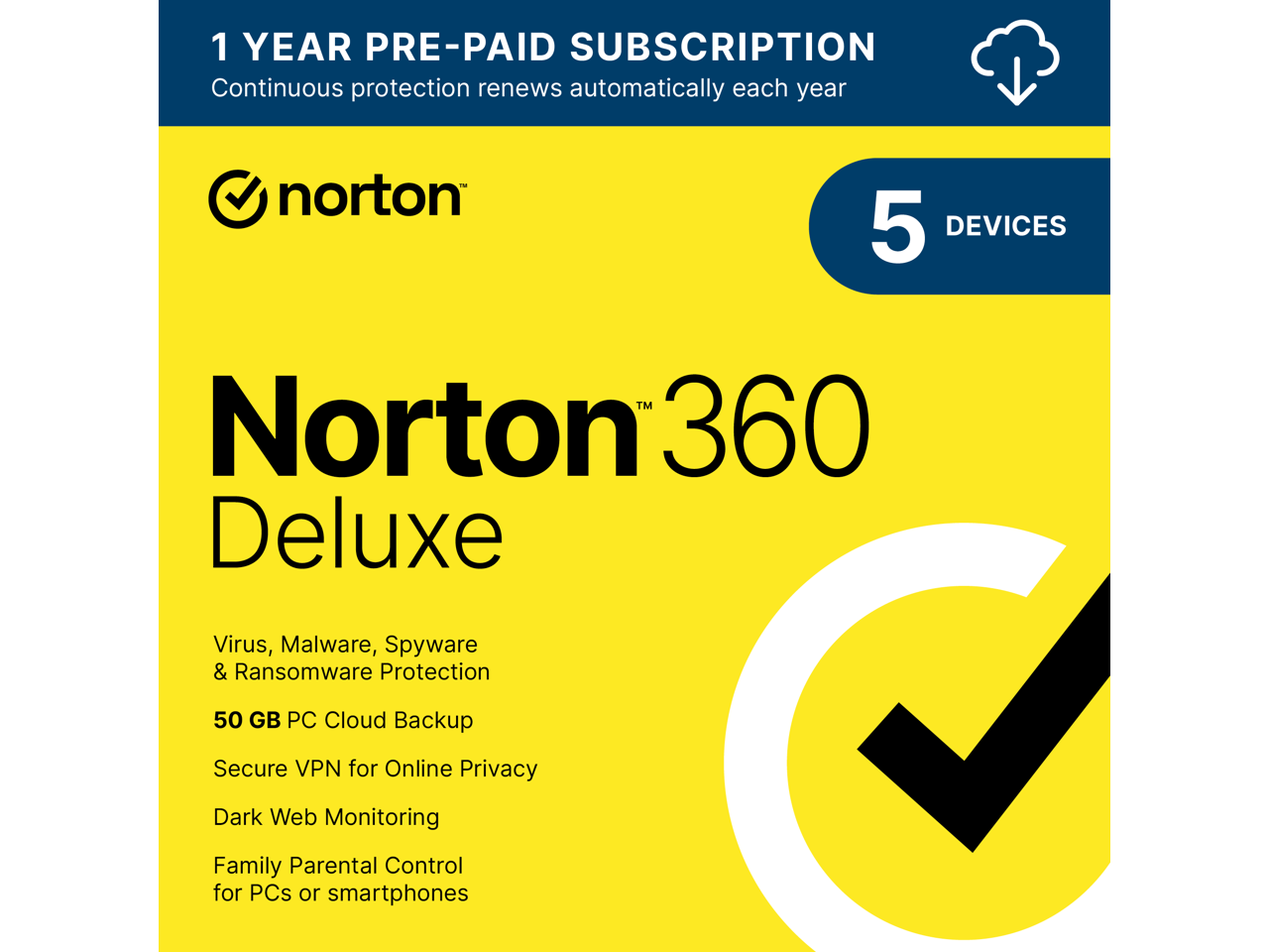 Norton 360 Deluxe 2024 - 5 Devices - 1 Year with Auto Renewal - Download