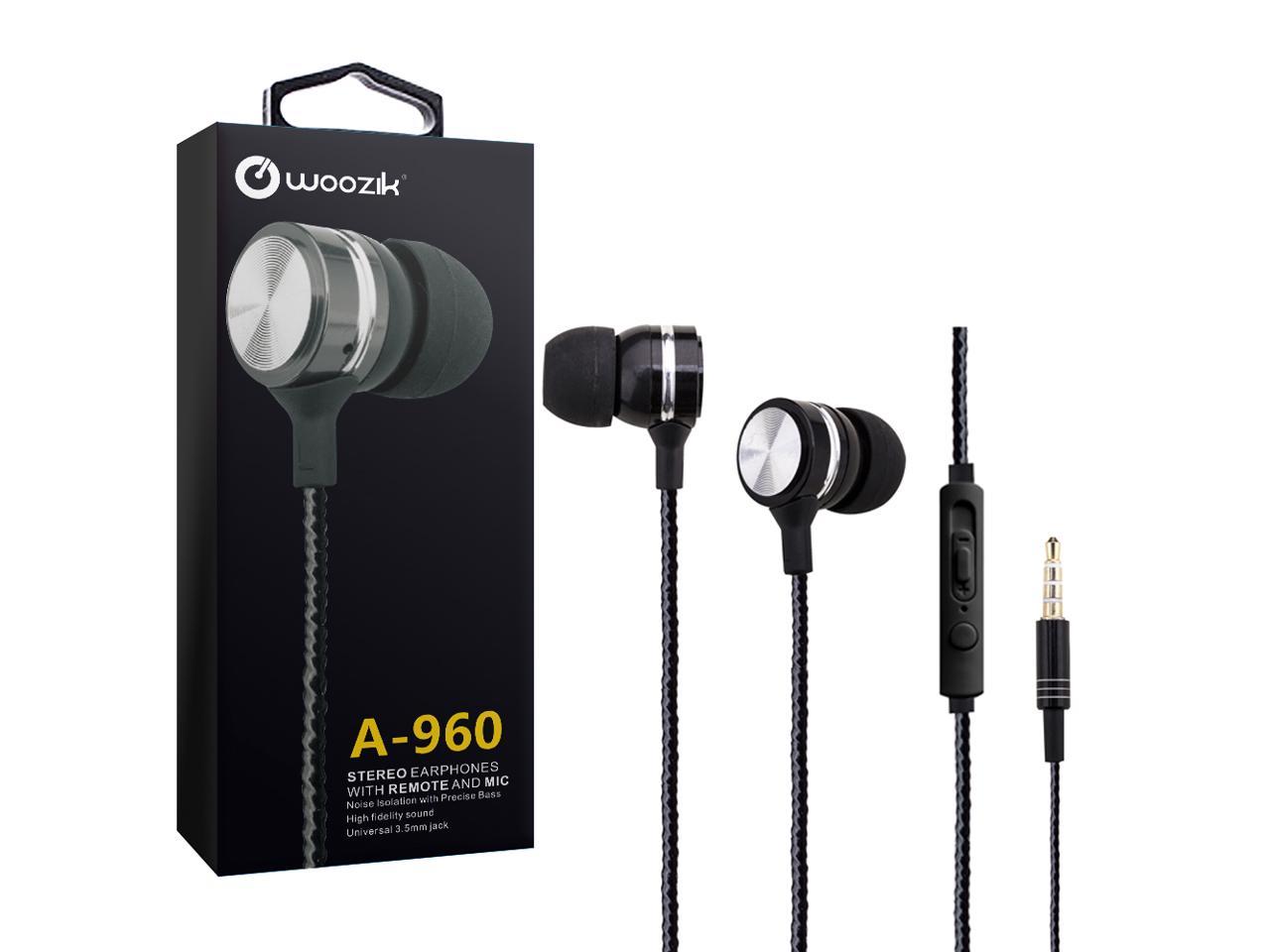 Woozik A960 Metal In-Ear Bass Headphones with Microphone & In-Line Volume Control Music Stereo Earbuds Headset